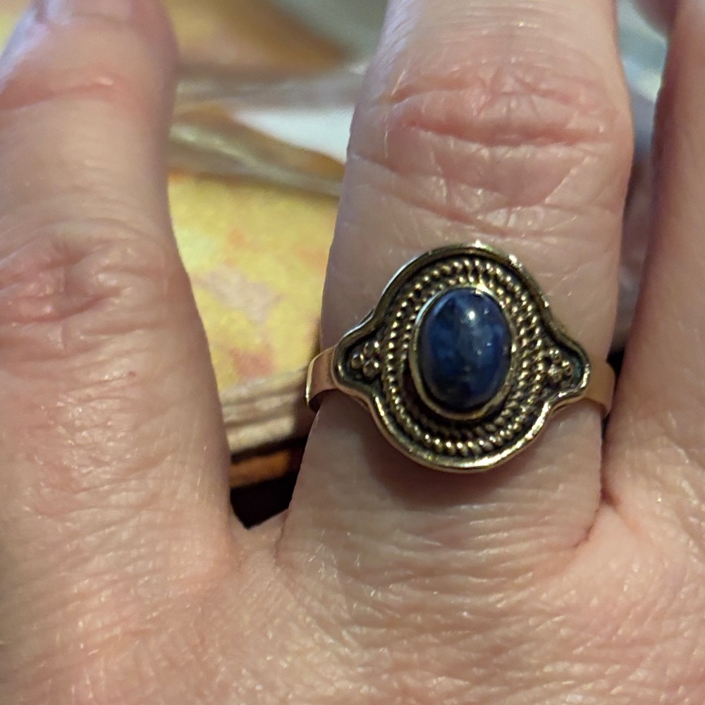 Lapis Brass Ring with Deep Blue Stone size 7